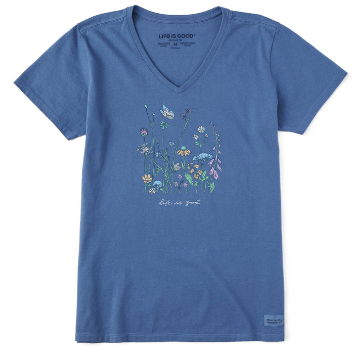 Life is Good. Women's Realaxed Wildflowers Crusher Vee, Vintage Blue
