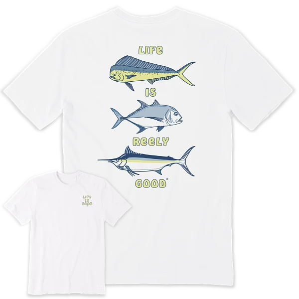Life is Good. Men's Life is Reely Good Short Sleeve Crusher Tee, Cloud White