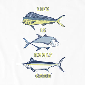 Life is Good. Men's Life is Reely Good Short Sleeve Crusher Tee, Cloud White