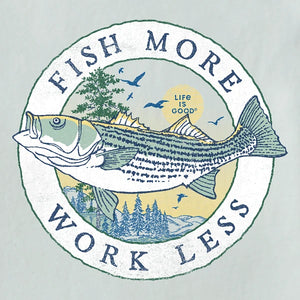 Life is Good. Men's Fineline Fish More Work Less Short Sleeve Crusher Tee, Fog Gray