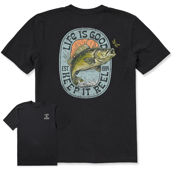 Life is Good. Men's Keep it Reel Bass Short Sleeve Crusher Tee, Faded Black