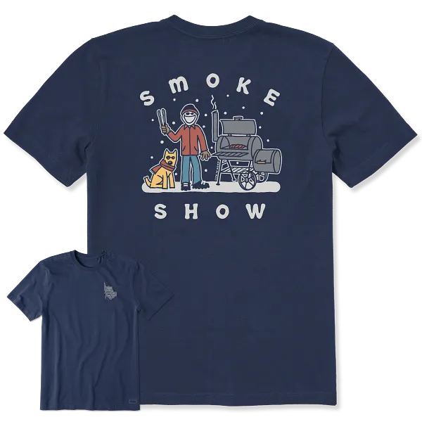 Life is Good. Men's Snowy Smoke Show Jake & Rocket Short Sleeve Crusher Tee, Darkest Blue