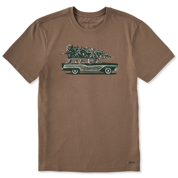 Life is Good. Men's Photo Christmas Tree Wagon Short Sleeve Crusher Tee, Mushroom Brown