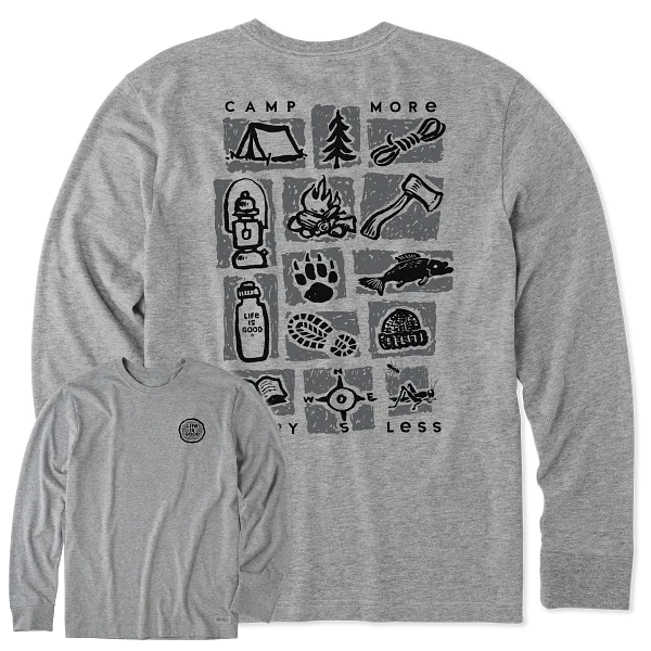 Life is Good. Men's Camp More Worry Less Long Sleeve Crusher Tee, Heather Gray