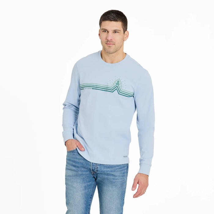 Life is Good. Men's Cool Tree Stripes with Snow Long Sleeve Crusher Tee, Glacier Blue