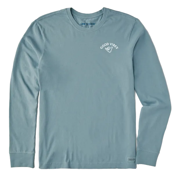 Life is Good. Men's Good Vibes Shaka Long Sleeve Crusher Tee, Smoky Blue