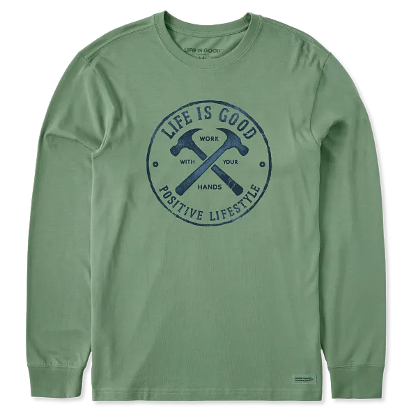 Life is Good. Men's Work With Your Hands Hammers Long Sleeve Crusher Tee, Granite Green