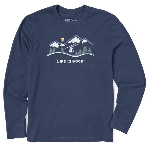 Life is Good. Men's Ski Lift Vista Long Sleeve Crusher Tee, Darkest Blue