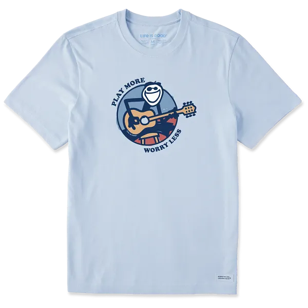 Life is Good. Men's Play More Worry Less Jake Guitar Short Sleeve Crusher-LITE Tee, Glacier Blue