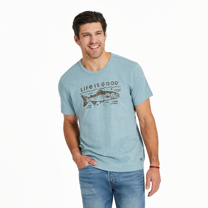 Life is Good. Men's Crafty Trout Slub Slim Fit Tee, Smoky Blue