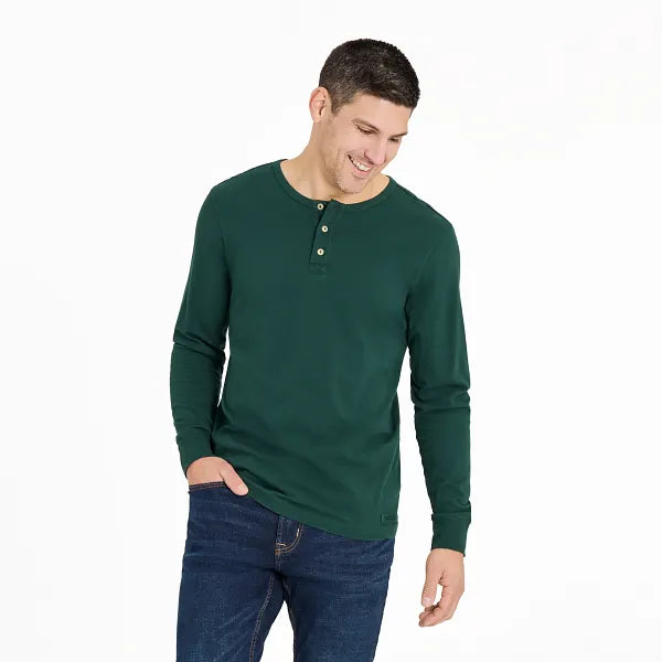 Life is Good. Men's Solid Long Sleeve Crusher-LITE Slim Fit Henley, Treeline Green