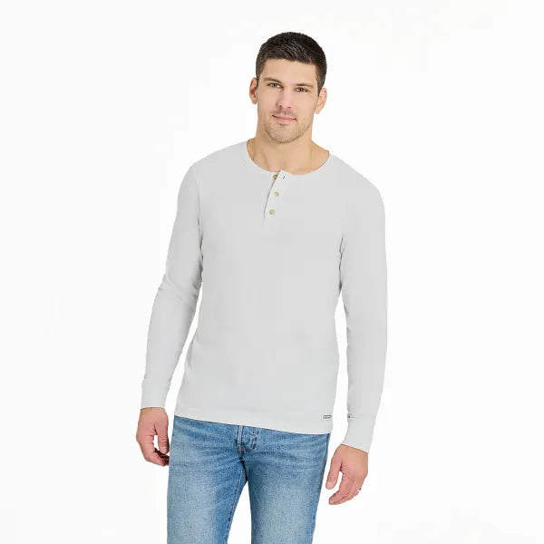 Life is Good. Men's Solid Long Sleeve Crusher-LITE Slim Fit Henley, Fog Gray
