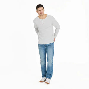 Life is Good. Men's Solid Long Sleeve Crusher-LITE Slim Fit Henley, Fog Gray
