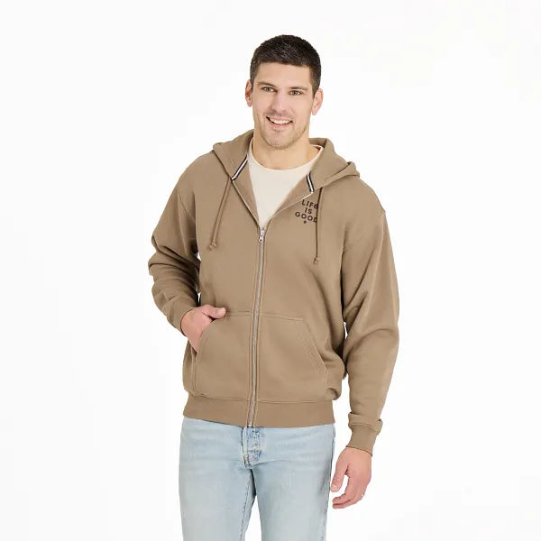 Life is Good. Men's Crafty LIG Stacked Good Vibes Fleece Zip Hoodie, Mushroom Brown