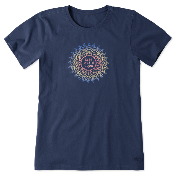 Life is Good. Women's Antique Mandala Short Sleeve Crusher Tee, Darkest Blue