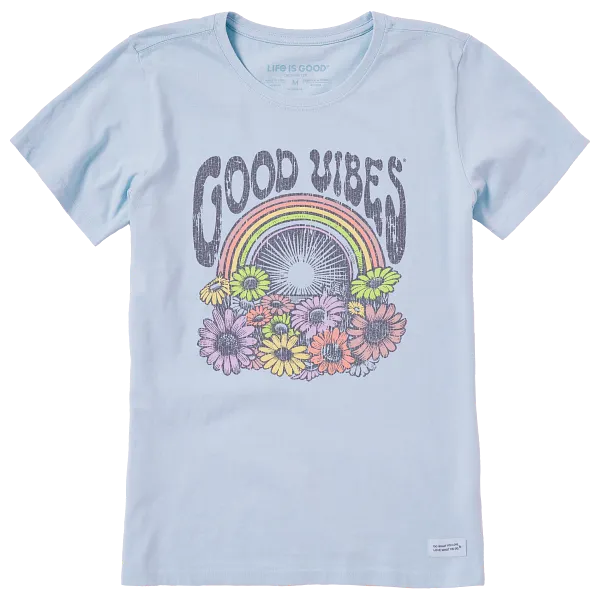 Life is Good. Women's Good Vibes Flowers Short Sleeve Crusher Tee, Glacier Blue