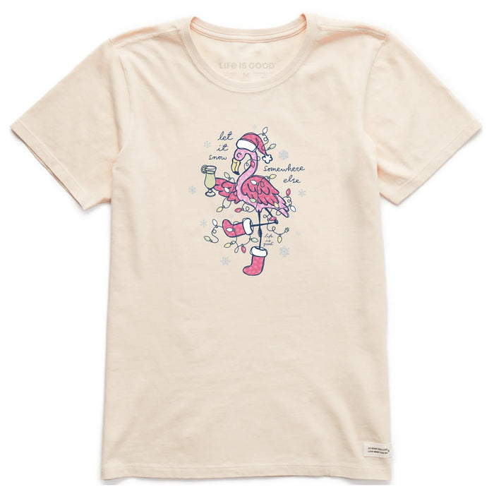 Life is Good. Women's Let It Snow Flamingo Short Sleeve Crusher Tee, Putty White