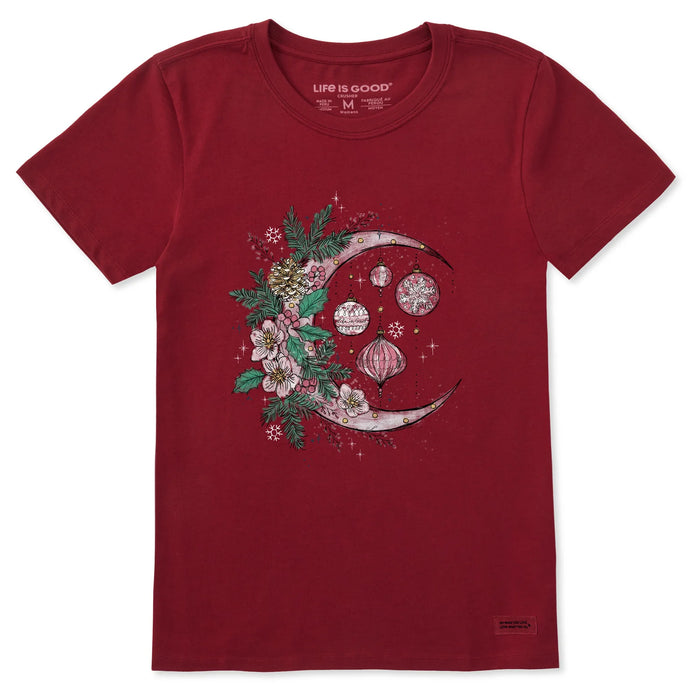 Life is Good. Women's Christmas Ornament Moon Short Sleeve Crusher Tee, Adirondack Red