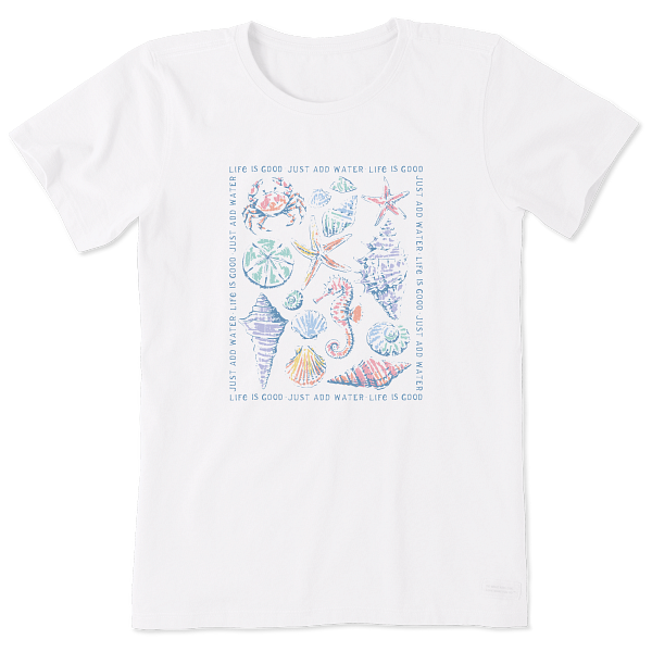 Life is Good. Women's Just Add Water Shells Tie Dye Short Sleeve Crusher Tee, Cloud White