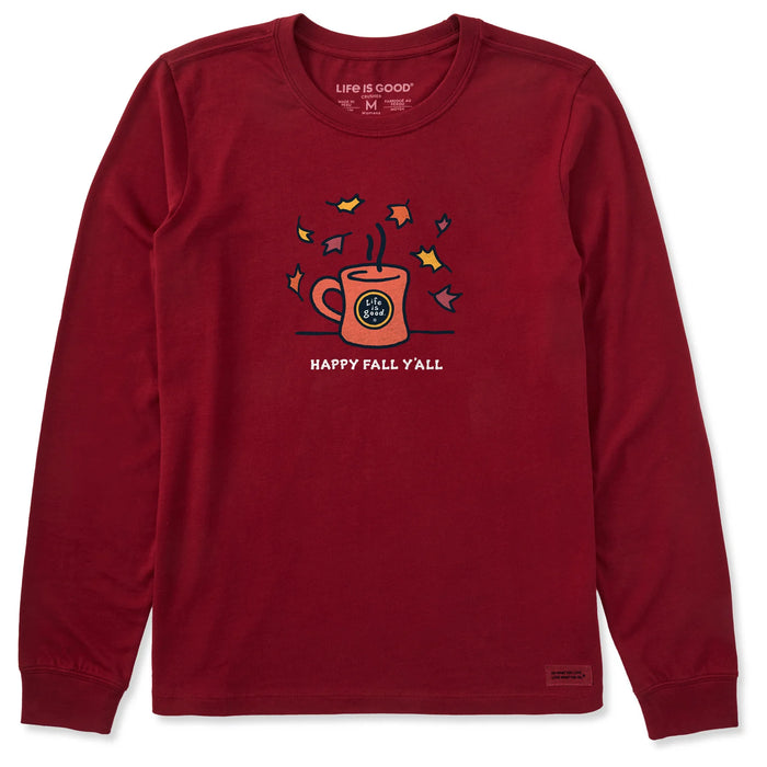Life is Good. Women's Happy Fall Y'all Mug Long Sleeve Crusher Tee, Adirondack Red