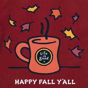 Life is Good. Women's Happy Fall Y'all Mug Long Sleeve Crusher Tee, Adirondack Red