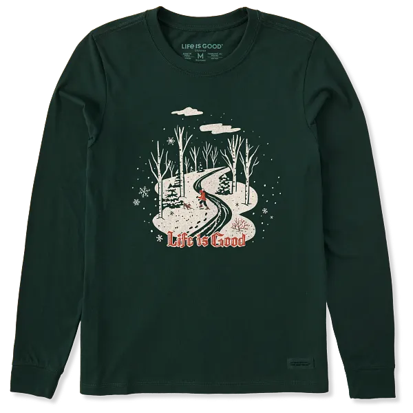 Life is Good. Women's Nostalgic Winter Day Long Sleeve Crusher Tee, Treeline Green