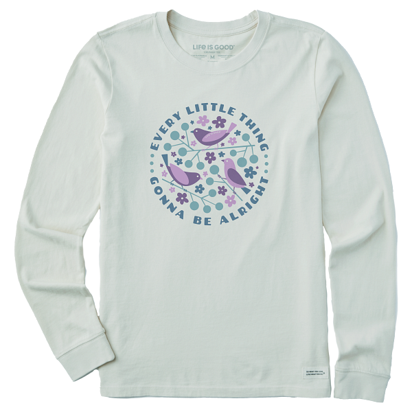 Life is Good. Women's Crafty Three Little Birds Long Sleeve Crusher Tee, Fog Gray