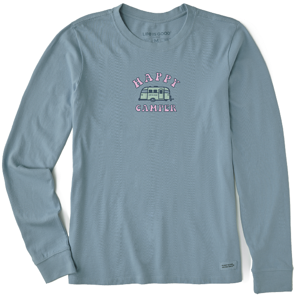 Life is Good. Women's Happy Camper Long Sleeve Crusher Tee, Smoky Blue