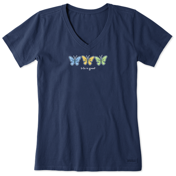 Life is Good. Women's Three Butterflies Short Sleeve Crusher Vee, Darkest Blue