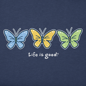 Life is Good. Women's Three Butterflies Short Sleeve Crusher Vee, Darkest Blue