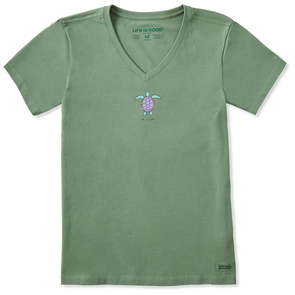 Life is Good. Women's Watercolor Turtle Short Sleeve Crusher Vee, Granite Green