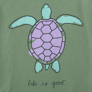 Life is Good. Women's Watercolor Turtle Short Sleeve Crusher Vee, Granite Green