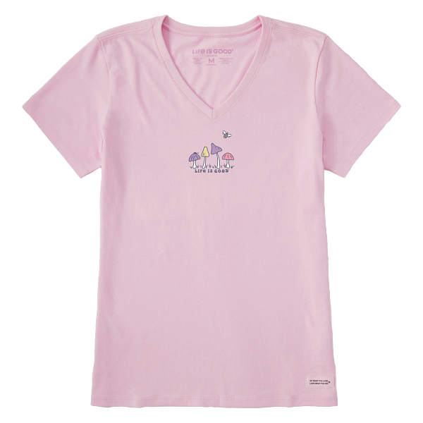 Life is Good. Women's Mushroom Retro Scene Short Sleeve Crusher Vee, Seashell Pink