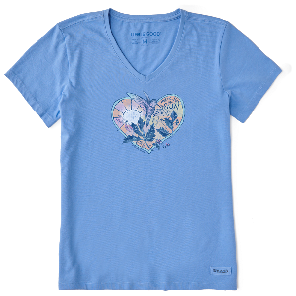 Life is Good. Women's Hummingbird Heart Short Sleeve Crusher Vee, Cornflower Blue