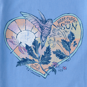 Life is Good. Women's Hummingbird Heart Short Sleeve Crusher Vee, Cornflower Blue