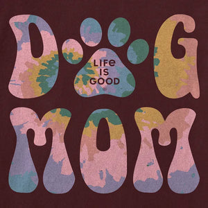 Life is Good. Women's Tie Dye Dog Mom Short Sleeve Crusher Vee, Deep Burgundy