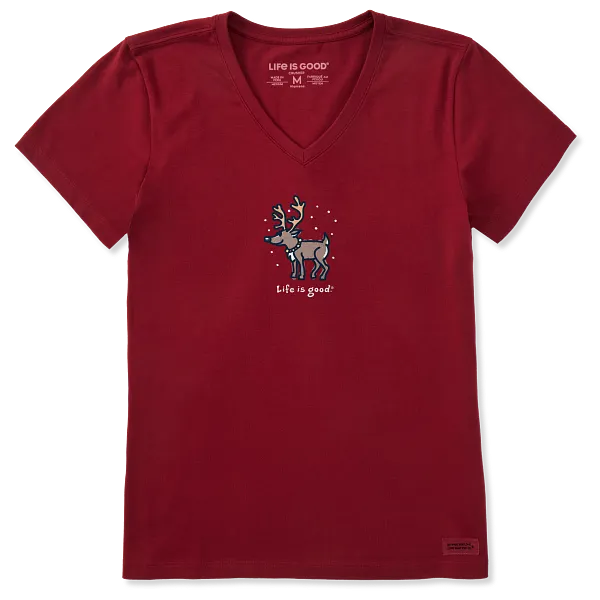 Life is Good. Women's Snowy Reindeer Short Sleeve Crusher Vee, Adirondack Red