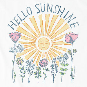 Life is Good. Women's Hello Sunshine Sun & Flowers Short Sleeve Crusher Vee, Cloud White