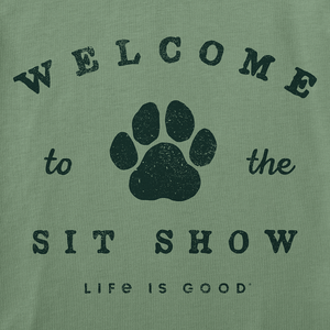 Life is Good. Women's Welcome to the Sit Show Short Sleeve Crusher Vee, Granite Green