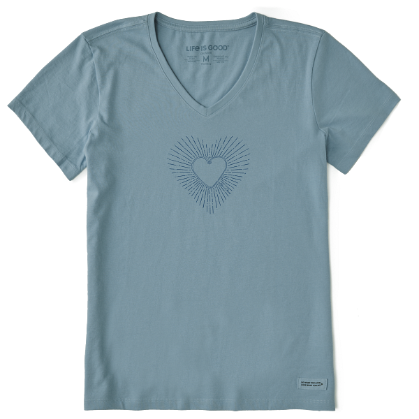 Life is Good. Women's Heart Burst Short Sleeve Crusher Vee, Smoky Blue