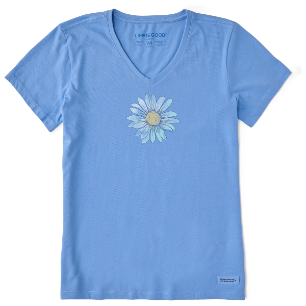 Life is Good. Women's Breezy Daisy Short Sleeve Crusher Vee, Cornflower Blue