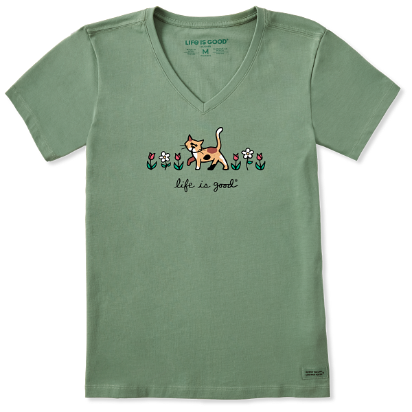 Life is Good. Women's Al with Flowers Short Sleeve Crusher Vee, Granite Green