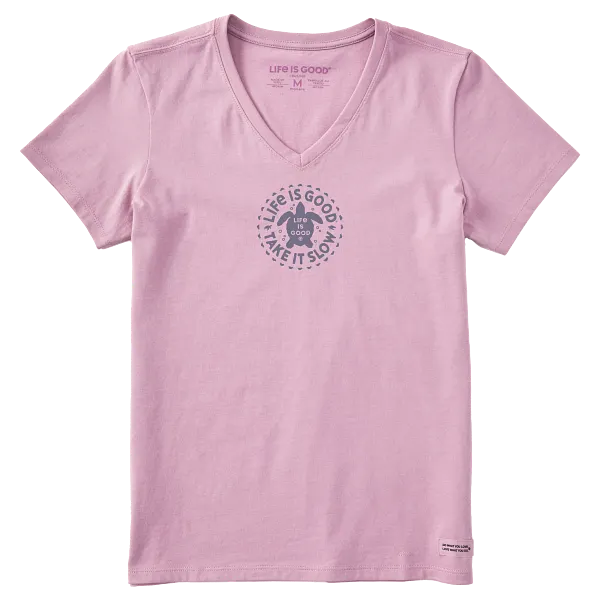 Life is Good. Women's Take it Slow Turtle Short Sleeve Crusher Vee, Violet Purple