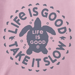 Life is Good. Women's Take it Slow Turtle Short Sleeve Crusher Vee, Violet Purple