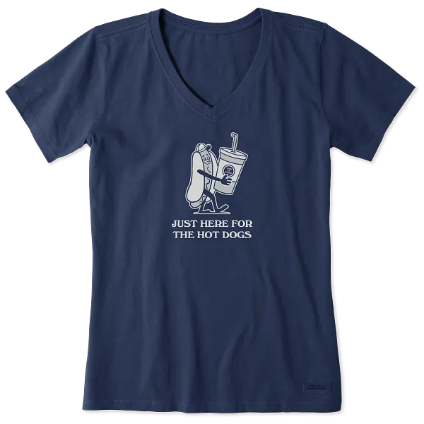 Life is Good. Women's Here for the Hotdogs Short Sleeve Crusher Vee, Darkest Blue