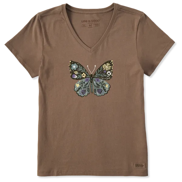 Women's Life is Good Floral Butterfly Short Sleeve Crusher Vee, Mushroom Brown