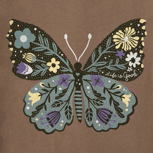 Women's Life is Good Floral Butterfly Short Sleeve Crusher Vee, Mushroom Brown