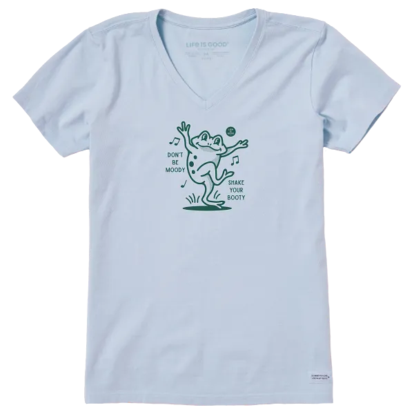 Life is Good. Women's Shake Your Booty Frog Tie Dye Short Sleeve Crusher Vee, Glacier Blue