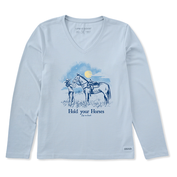 Life is Good. Women's Hold Your Horses Long Sleeve Crusher Vee, Glacier Blue