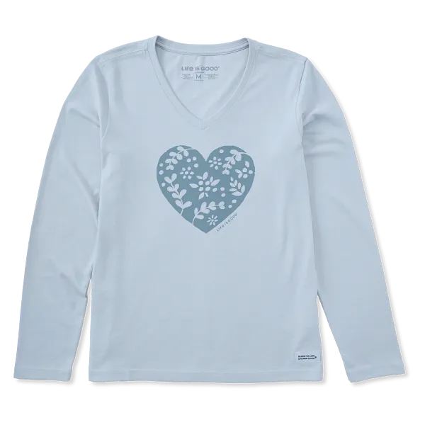 Life is Good. Women's Woodcut Heart Long Sleeve Crusher Vee, Glacier Blue